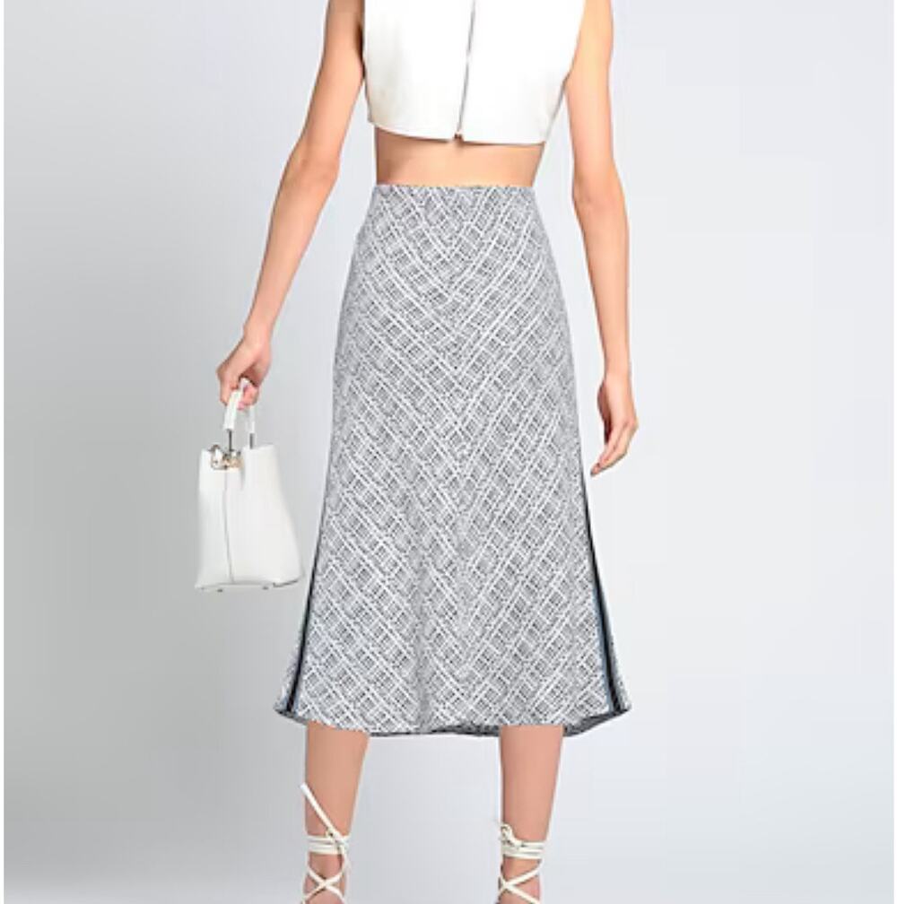 Maje Black White Textured Tweed Pin Stripe Side A-Line Midi Skirt